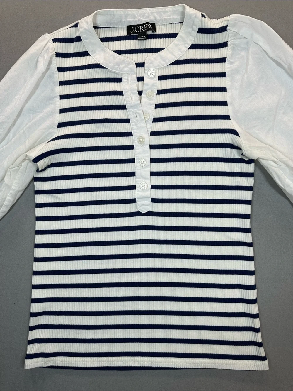 J. Crew Vintage Rib Puff-Sleeve Henley, Navy/White Stripes - Womens Small
